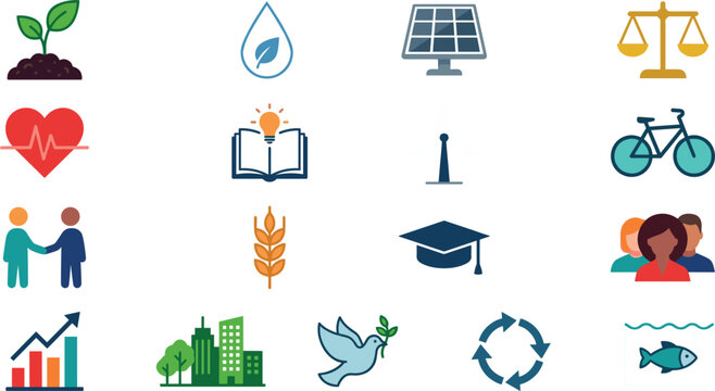 Sustainability and Social Responsibility Icon Set Featuring Environment, Renewable Energy, Education, Health and Community Development Concepts