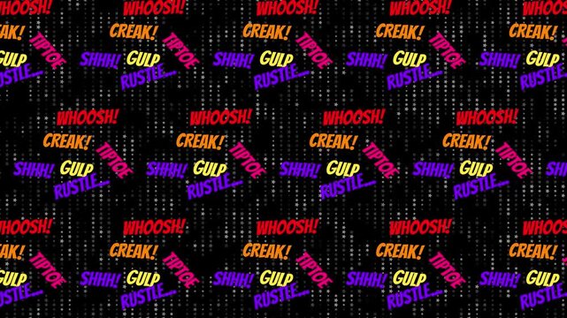 Seamless Looping Background Of Colorful Retro Comic Book Sound Effects Including Whoosh, Creak, Tiptoe, Shhh, Gulp, And Rustle In Pop Art Style Typography Against A Dark Starry Digital Matrix Pattern 