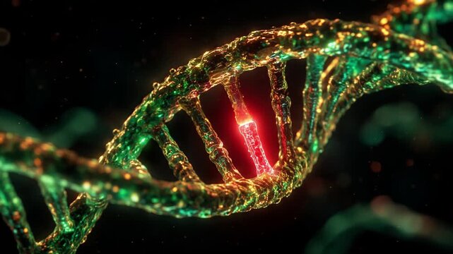 DNA double helix rotating with a glowing highlighted marked gene, advanced gene editing and repairing concept, biotechnology scanning and modifying genome CRISPR 3D animation