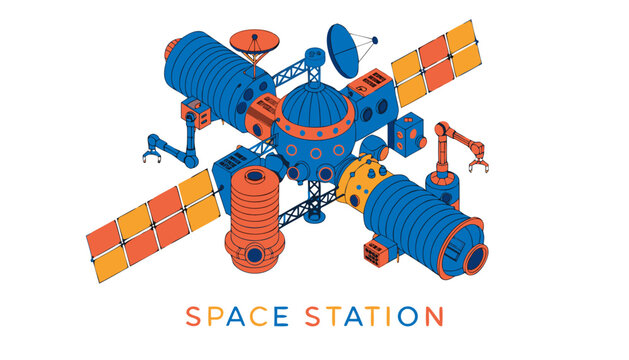Very beautiful realistic vector illustration of a SPACE STATION featuring detailed orbital modules and engineering styling, isolated on white background, with a label reading "SPACE STATION" displayed