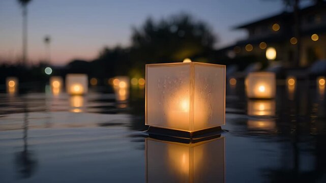 Floating, lanterns and water in swimming pool for celebration, festival and peaceful evening. Outdoor light, dusk and reflection in luxury resort with zen, relaxation and calm mood for tourism