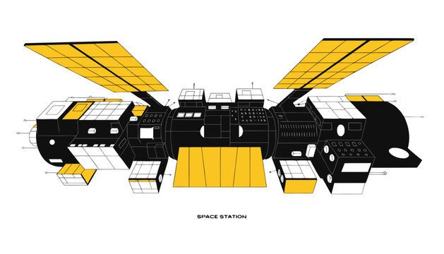 Very beautiful realistic vector illustration of a SPACE STATION featuring detailed orbital modules and engineering styling, isolated on white background, with a label reading "SPACE STATION" displayed