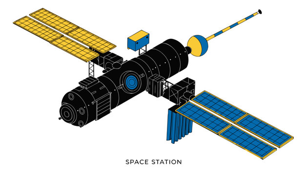 Very beautiful realistic vector illustration of a SPACE STATION featuring detailed orbital modules and engineering styling, isolated on white background, with a label reading "SPACE STATION" displayed