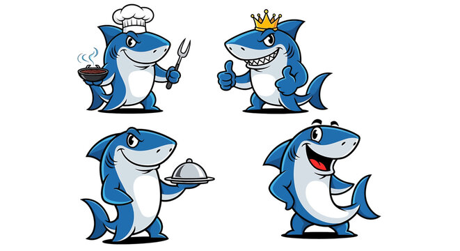 Cartoon shark characters in various poses.