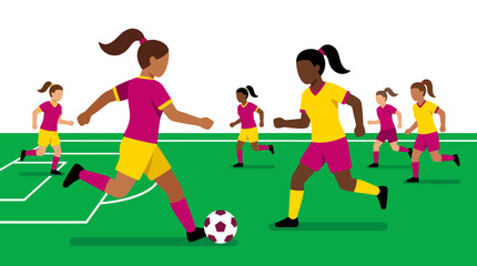 Naklejka premium Female soccer players group playing football on green field with diverse women athletes running and dribbling ball game.