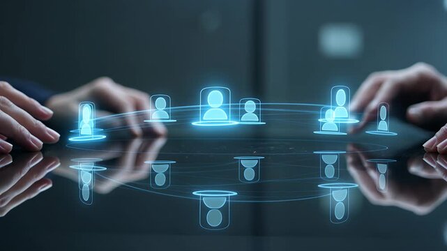 Business network connection and people hands on digital interface for social media, recruitment and hr management. Team, technology and global communication with internet, web and marketing