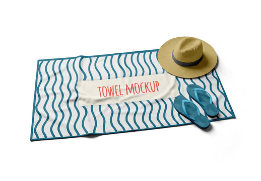 Towel Beach With Hat And Flip Flop Mockup
