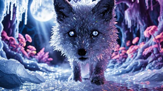 Gray wolf in icy cave landscape.