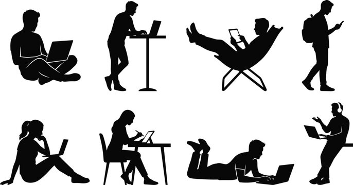 Black silhouette icons set of people working on laptops tablets and smartphones in various relaxed poses