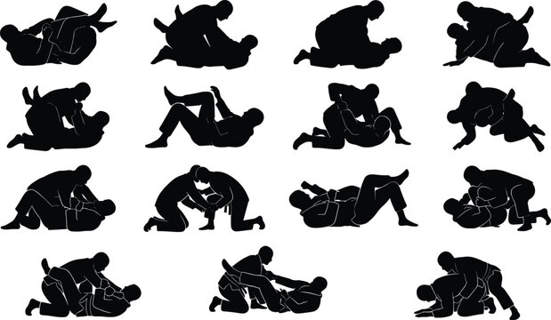 Brazilian Jiu Jitsu and Grappling Martial Arts Silhouette Set Featuring Various Combat and Sparring Positions