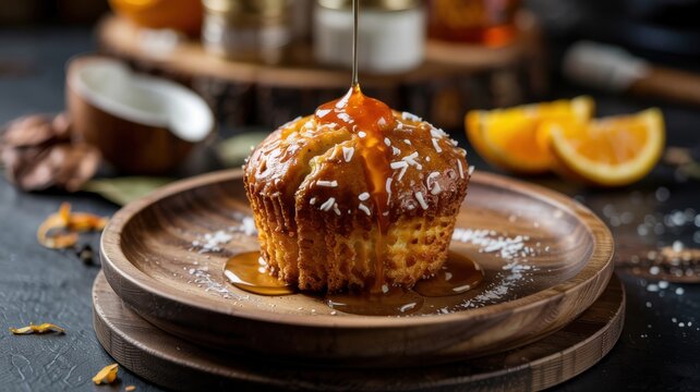 Dishes of Jewish cuisine. 
A cupcake made of semola, coconut and marmalade. 
Dessert Tispishti with coconut and citrus marmalade.