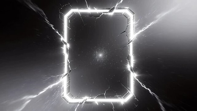 Cracked glowing rectangular frame with lightning effects and dark gradient background
