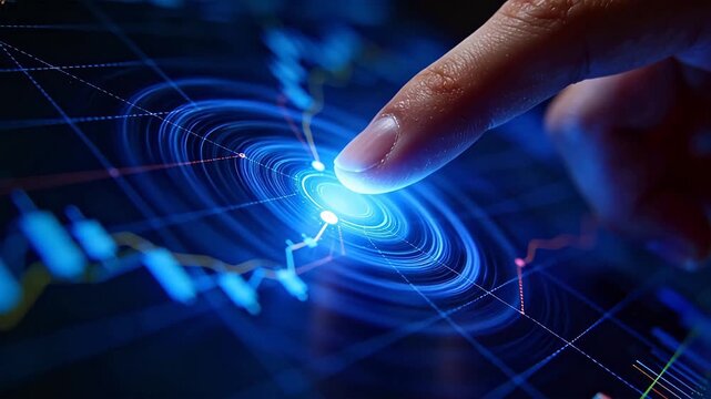 Finger touching blue glowing concentric ripples with data charts background