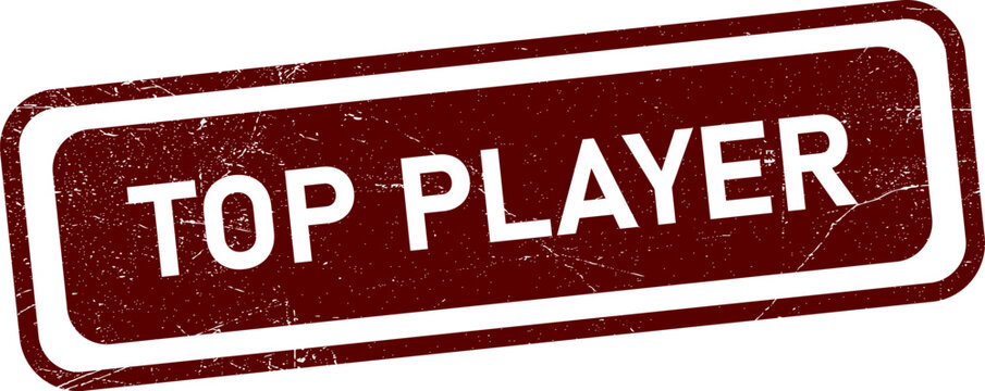 A worn maroon and white Top Player stamp on transparent background
