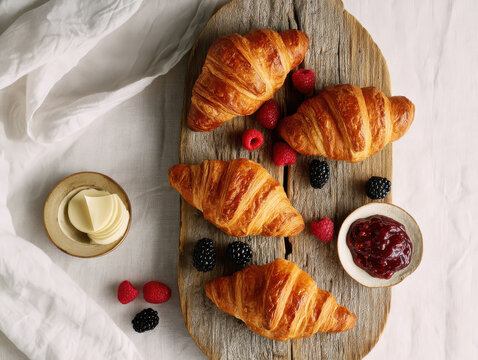 morning breakfast with croissants raspberries blackberries