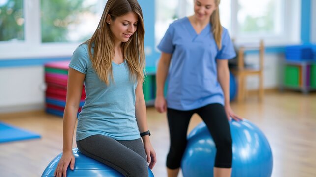 Physical therapist assisting adult with balance exercises on stability balls in rehabilitation studi