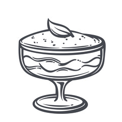 Tiramisu Dessert in glass bowl with cream layers, cocoa dots and mint leaf. Italian cafe menu and bakery label with tiramisu dessert, outline vector illustration. © Victoria Sergeeva
