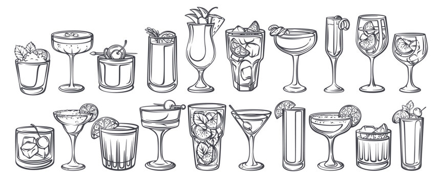 Cocktail set with martini, margarita, mojito, aperol spritz, pina colada, negroni, whiskey cocktail and French 75. Bar menu, drink card and poster design with cocktail set, outline vector illustration