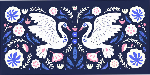 Floral ornament featuring two white swans with blue accents © Topoti
