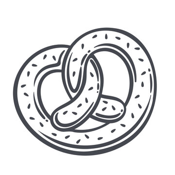 German Pretzel with twisted bread shape, sesame seeds and bold ink contour. Bakery menu and snack packaging with german pretzel, outline vector illustration.