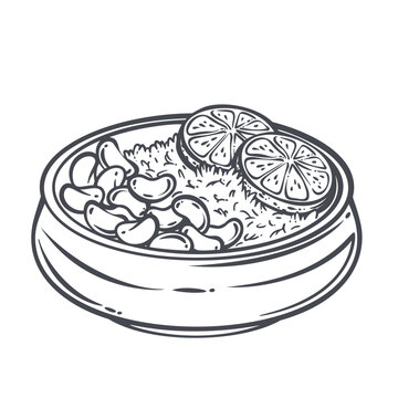 Brazilian Feijoada Bowl with black beans, rice, orange slices and chunky stew texture. Restaurant menu with brazilian feijoada bowl, outline vector illustration.