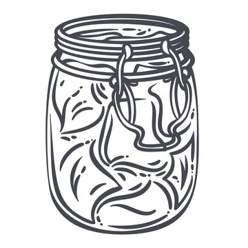 Korean Kimchi Jar with cabbage leaves, chili strands, glass container and lid rim. Asian food label with korean kimchi jar, outline vector illustration.