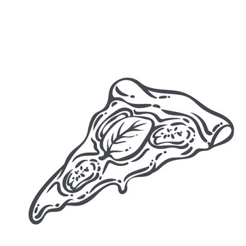 Italian pizza slice with melted cheese, tomato rounds and basil leaf in clean line style. Classic pizza food icon, outline vector illustration
