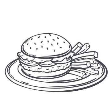 American Burger on plate with sesame bun, lettuce, patty, cheese layer and fries. Fast food menu and diner branding with american burger, outline vector illustration.