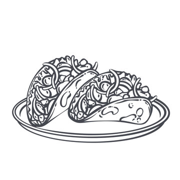 French Croissant with curved flaky pastry shape, layered dough folds and bold ink contour. Bakery menu with french croissant, outline vector illustration.