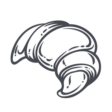 French Croissant with curved flaky pastry shape, layered dough folds and bold ink contour. Bakery menu with french croissant, outline vector illustration.