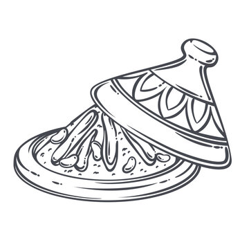 Moroccan Tagine Pot with cone lid, steam, vegetable stew and decorative ceramic lines. North African menu with moroccan tagine pot, outline vector illustration.