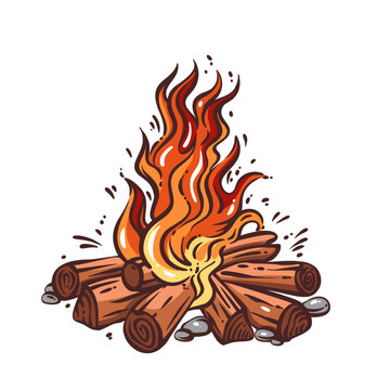 Viking campfire with stacked wooden logs and rising flames, medieval Norse gathering symbol of ritual and survival. Glowing Viking campfire, vintage engraving line vector illustration.