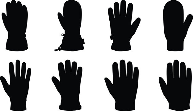 Winter gloves and mittens silhouettes set including protective seasonal handwear and warm outdoor clothing accessories