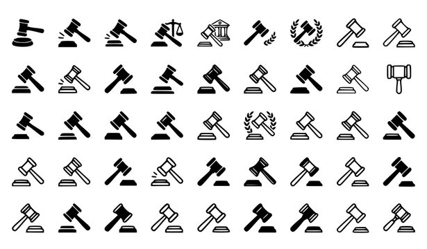 Black and White Judicial Gavel Icon Vector for Legal Authority and Courtroom Justice