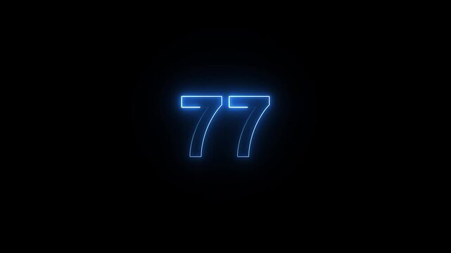 Animation of glowing neon cyan color number text animation . cyan , neon number 77 .neon color, neon lighting,77 percentage discount animated- 4k black background animation video