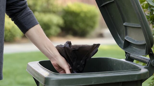 Trash, garbage and bin for waste disposal in garden with black bag, household chores and cleaning routine. Outdoor, recycling and plastic container at home with junk, housework, management and dump