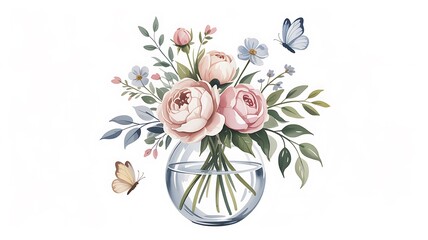 Fototapeta premium Delicate watercolor bouquet of pink peonies and wildflowers with flying butterflies