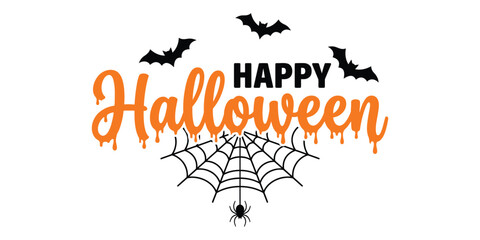 Happy Halloween greeting with dripping orange typography bats and spider web vector design © MSTMASUMA