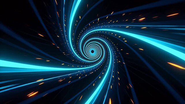 Blue light spiral tunnel with orange dots in dark vortex space