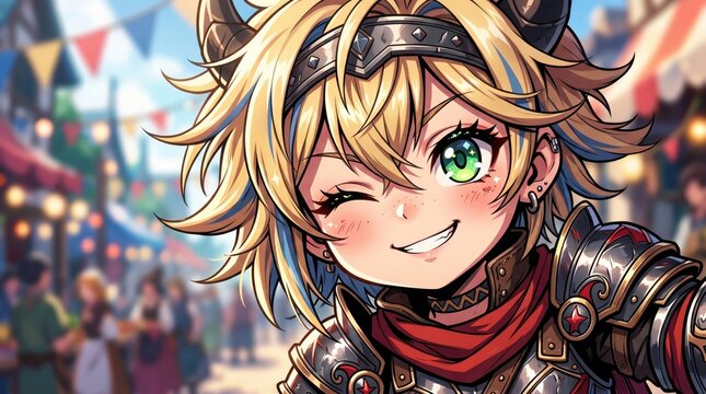 Extreme close up of anime chibi character winking playfully.