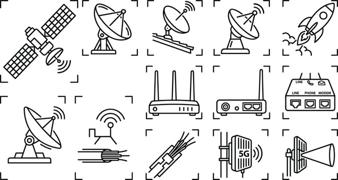 Telecommunication Vector Line Icon Set with Satellite, Antenna, Router, Modem, Fiber Cable, and 5G Network Symbols