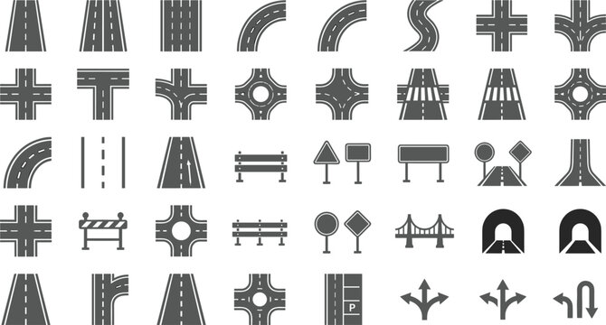 Road icon set with highway intersection roundabout bridge tunnel traffic sign street pathway map grid navigation vectors