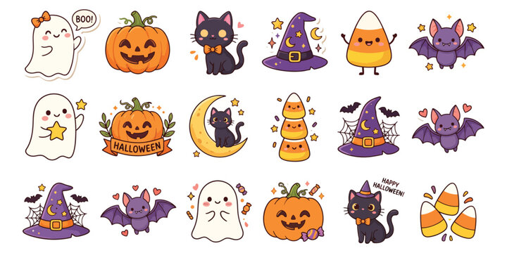 Cute Halloween character set with kawaii ghosts pumpkins bats and cats vector illustrations