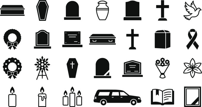 Funeral icon set with coffin tombstone urn gravestone cross hearse wreath candle ribbon cemetery death mourning vectors