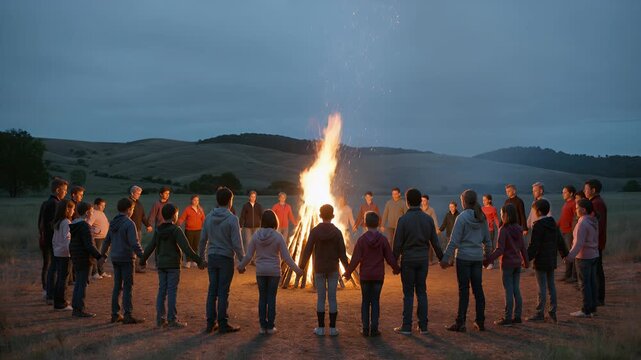Bonfire people circle and holding hands at dusk for summer camp, community gathering and youth fellowship. Friends, ritual and unity in nature with fire light, evening ritual and togetherness.