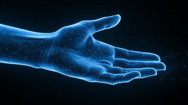 Digital hand, hologram and technology for future innovation, cyber connection and virtual reality simulation. Artificial intelligence, blue glowing data and communication for business network space