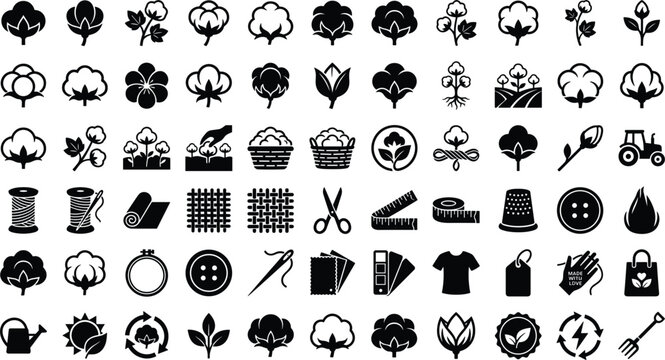 Cotton icon set with fabric textile spool thread scissor button sewing tailoring agriculture flower plant and garment vectors