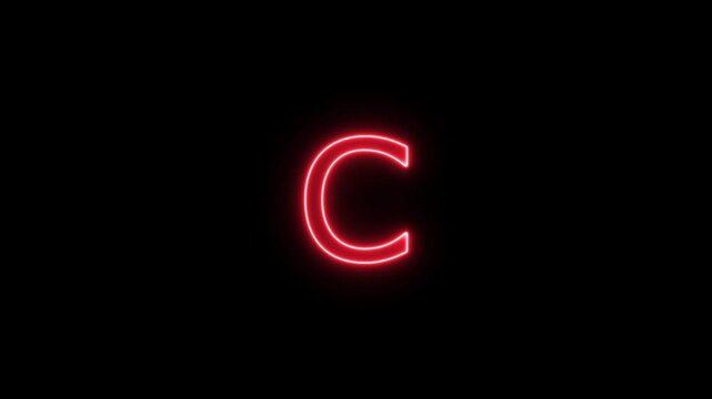 Neon letter alphabet C animation. Glowing neon capital letter alphabet C animation.Educational concept om black background.Glowing neon alphabet text animation. 4k video