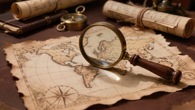 Exploration Tools on Old Map With Magnifying Glass and Scrolls on Dark Wooden Table