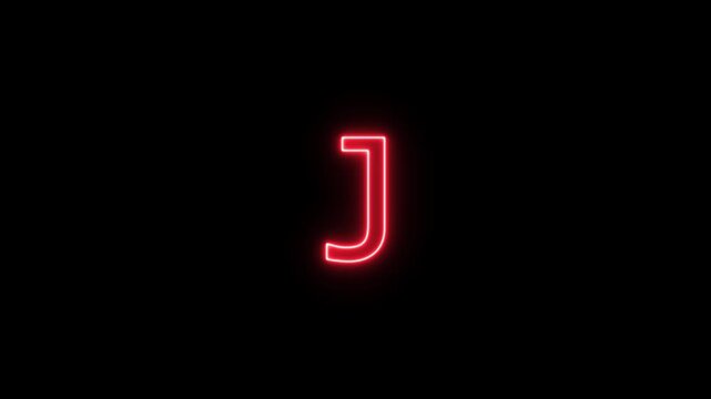 Neon letter alphabet J animation. Glowing neon capital letter alphabet J animation.Educational concept om black background.Glowing neon alphabet text animation. 4k video